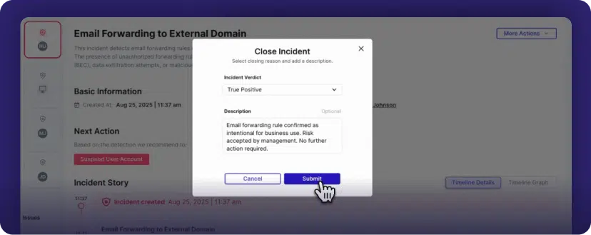 A computer screen shows a pop-up window titled Close Incident with fields for incident verdict and description. A cursor clicks the Submit button, finalizing the closure of an email forwarding incident—a driving force in Cyber Security Awareness Month for MSPs.