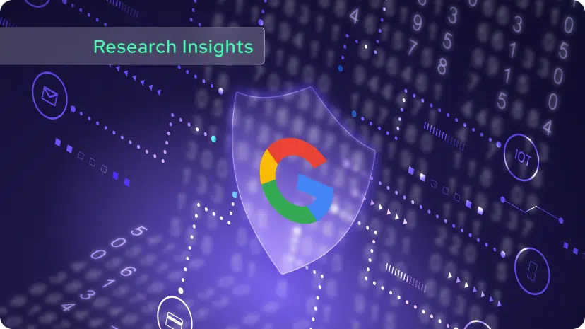 A digital shield with the Google logo at the center is surrounded by binary code, technology icons, and circuit-like lines on a purple background, highlighting cyber security. A Research Insights label appears in the upper left corner.
