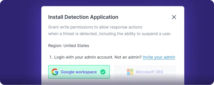 A pop-up window titled Install Detection Application asks for admin login to grant write permissions, displaying options for Google Workspace and Microsoft 365—a driving force for MSPs during Cyber Security Awareness Month—with a link to invite an admin.