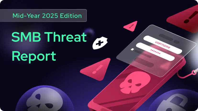 Illustration of a smartphone with a skull icon and warning symbols, showing a login screen. Text reads “Mid-Year 2025 Edition SMB Threat Report,” highlighting cyber security concerns for MSPs and small businesses during Cyber Security Awareness Month.