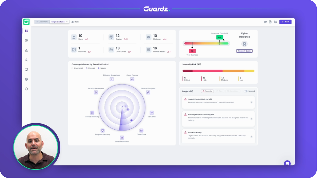 An Elmdale IT cybersecurity dashboard displays security scores, issue tracking, an insurance threshold meter, a radar chart of coverage issues, and risk insights—supporting your growth journey. Inset shows a smiling man with a shaved head against a plain background.