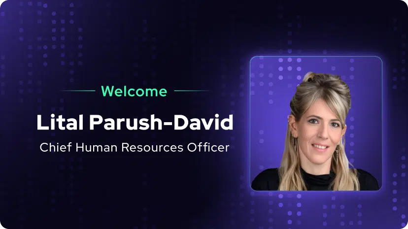 A welcome graphic featuring the text Welcome Lital Parush-David, Chief Human Resources Officer, with a professional headshot of a woman with blonde hair on a purple background, highlighting her as a driving force in Cyber Security Awareness Month.