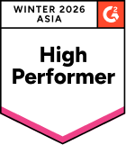 G2 badge with the text Winter 2026 Asia High Performer in black letters and the G2 logo in the top right corner. The badge has a pink-bordered bottom edge.