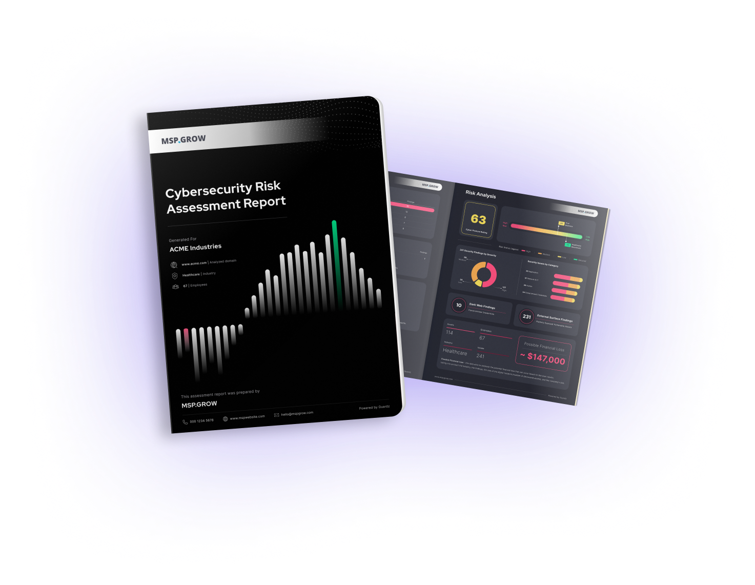 Two overlapping documents: one is a CyberSecurity Risk Assessment Report with a bar graph on the cover, while the other shows a dashboard with risk analysis metrics, charts, and numerical data—ideal resources for MSPs to help Secure & Insure their clients.