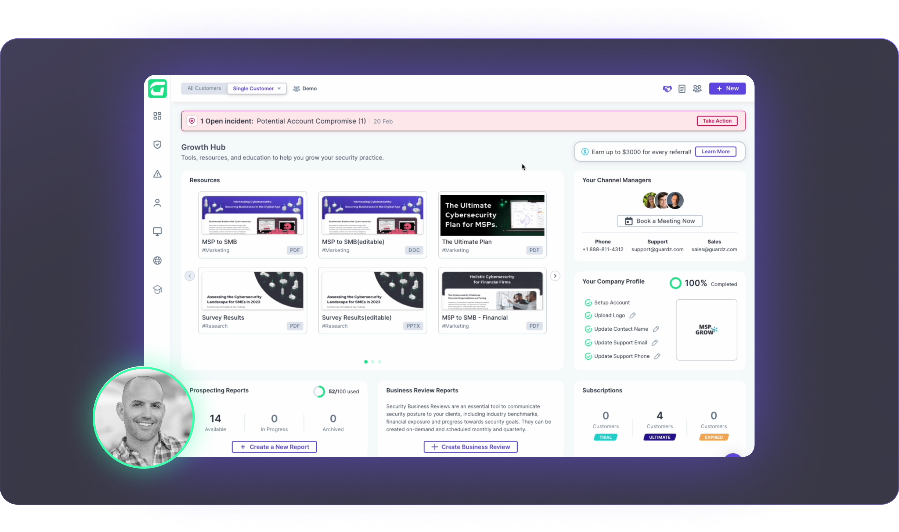 A computer screen displays a dashboard with resources, reports, and company analytics—ideal for MSPs focused on CyberSecurity. A highlighted banner shows 1 Open Incident. In the lower-left corner, there is a circular photo of a smiling man.