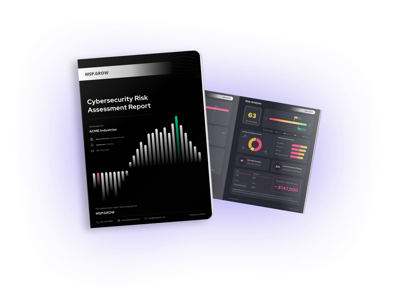 Two overlapping CyberSecurity reports: one with a dark cover and colorful bar graph titled “Cybersecurity Risk Assessment Report,” and another for MSPs displaying a dashboard of risk analytics with gauges, charts, and data.
