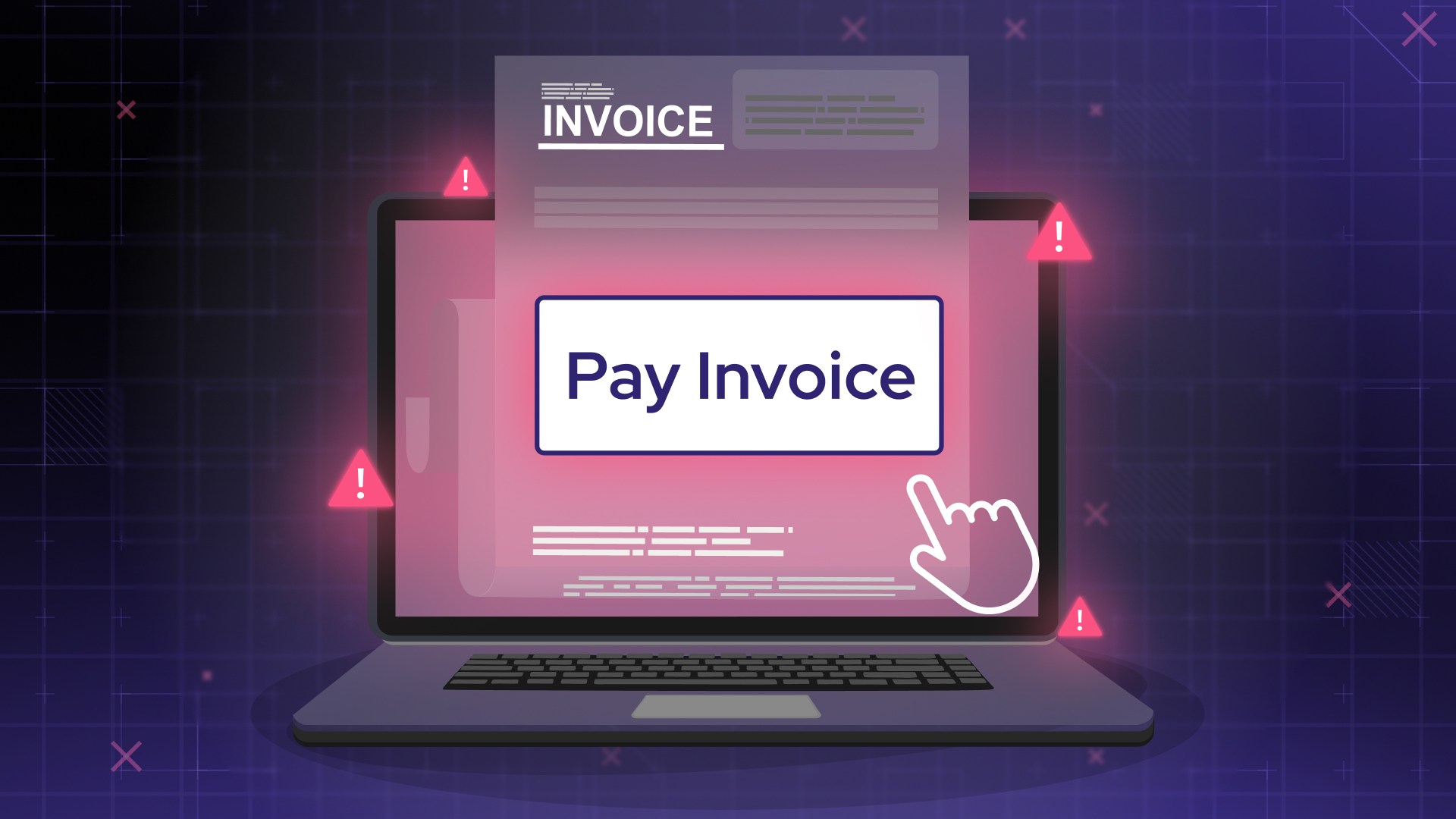 Digital illustration of a laptop displaying a large "Pay Invoice" button, with an invoice document above it and red warning icons, emphasizing the importance of cybersecurity awareness when employees pay invoices online.
