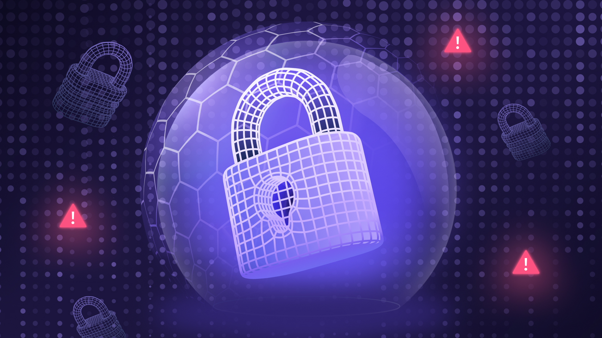 A digital illustration of a wireframe padlock inside a transparent sphere, surrounded by hexagonal patterns and red warning icons on a dark background, highlights cybersecurity for MSPs as ransomware statistics are projected to rise by 2026.