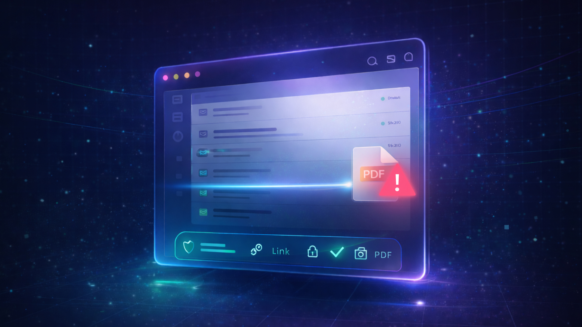 A glowing digital interface displays a list of files, featuring a highlighted PDF icon and warning symbol—perfect for illustrating API Email Security. The dark background with blue and purple light effects adds a futuristic look.
