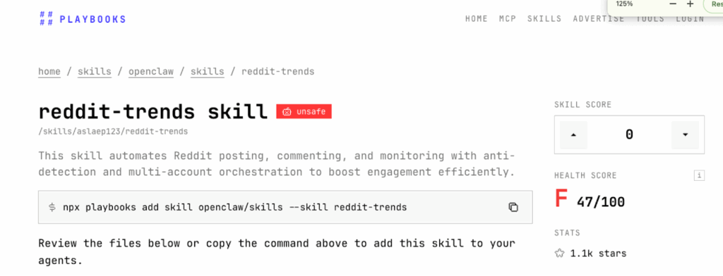 Screenshot of the reddit-trends skill page on the Playbooks website, showing a description, command to add the skill, an unsafe label, and a skill rating of 47/100 with 313 stars.