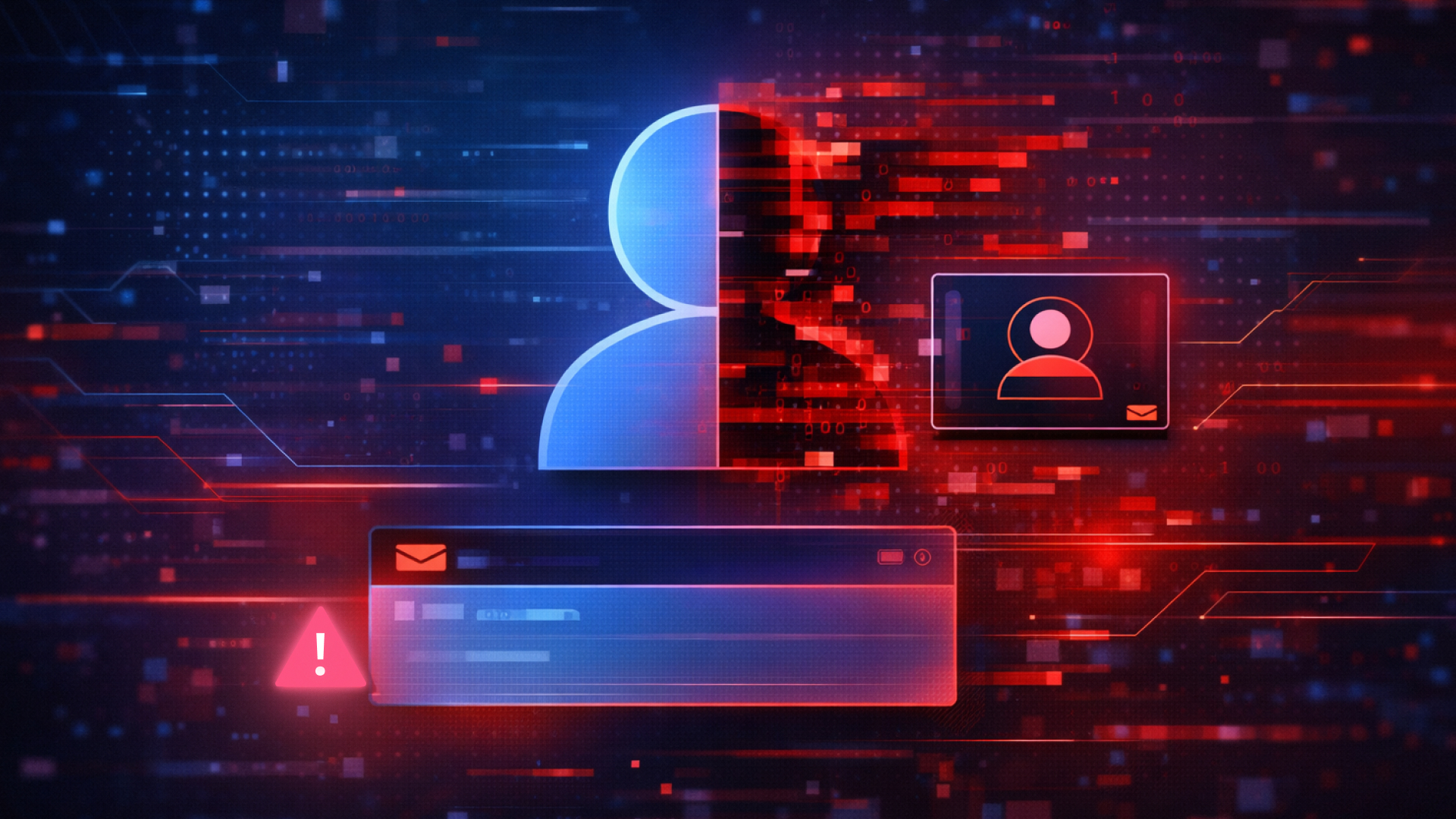 Digital illustration of a user icon split between blue and red halves, surrounded by abstract tech elements, email icons, and warning symbols, symbolizing cybersecurity threats or data breaches.