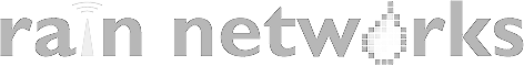 The image displays “RainNetworks” in gray lowercase letters. The i in rain resembles a radio antenna with signal waves, while the k in networks is creatively styled to look like a building with windows.