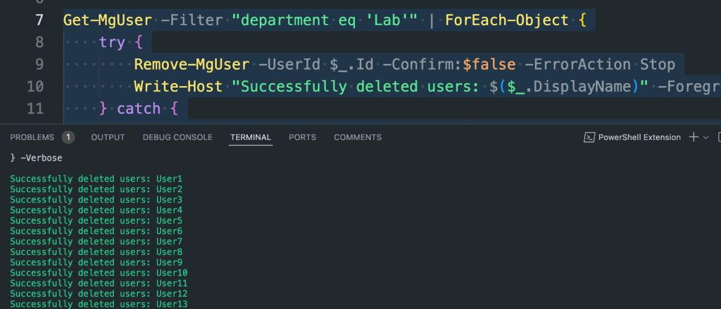PowerShell script in a code editor removes users with department Lab and confirms deletion. Terminal output below shows Successfully deleted users followed by User1 to User13, each on a new line.