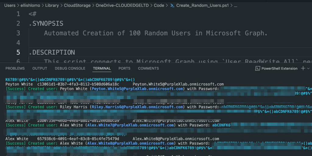 A code editor displays a PowerShell script for creating random Microsoft Graph users. The terminal shows success messages with sample names, emails, and passwords for created users.