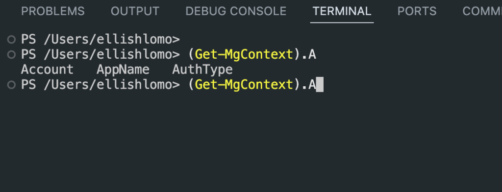 A terminal window shows PowerShell commands: (Get-MgContext).A typed twice, displaying headers Account AppName AuthType after the first command. The path is /Users/ellishlomo.