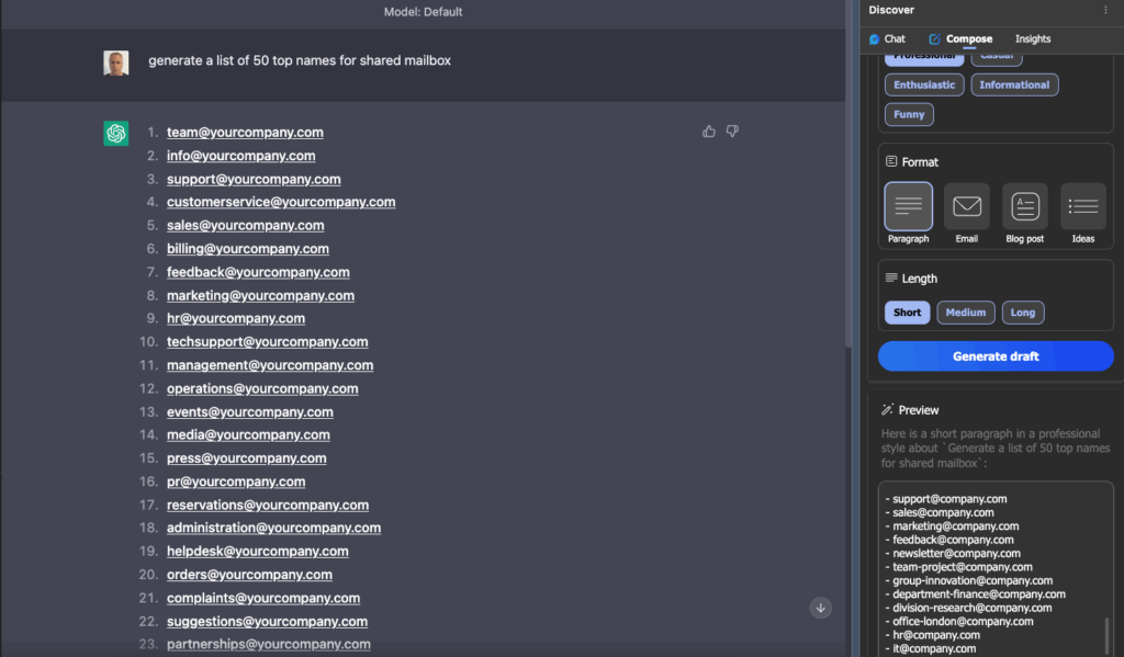 Screenshot of an AI chatbot generating a list of 50 shared mailbox email names, such as team@yourcompany.com and support@yourcompany.com, with a right sidebar highlighting email composition tools and suggestions for reducing mailbox risks.