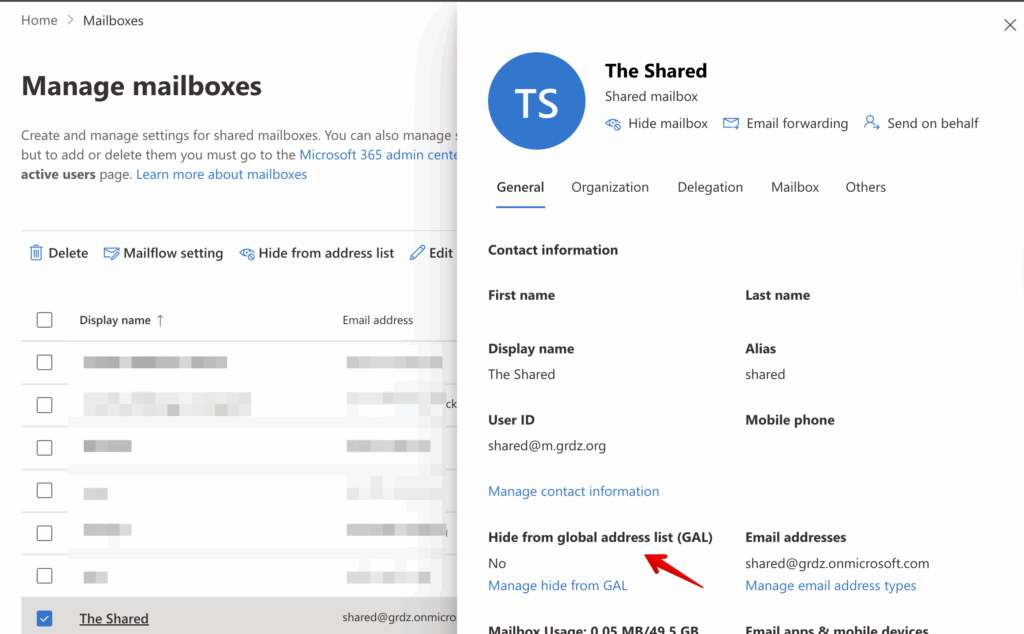 Screenshot of a Microsoft admin portal showing mailbox settings. A shared mailbox is selected, with details displayed and an arrow pointing to the Hide from global address list (GAL) option set to No, highlighting potential mailbox risks.