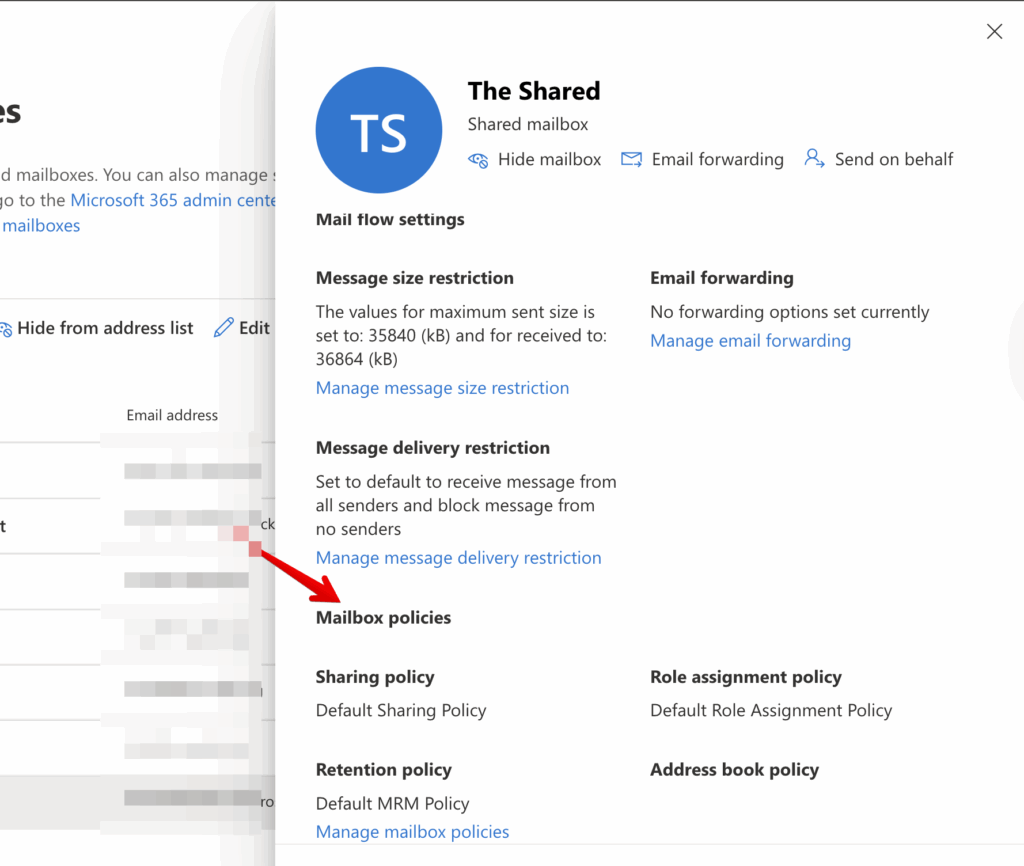 A screenshot of a shared mailbox settings page, highlighting the Manage message delivery restriction link under Mail flow settings with a red arrow. Other shared mailboxes options and potential risks are also visible.