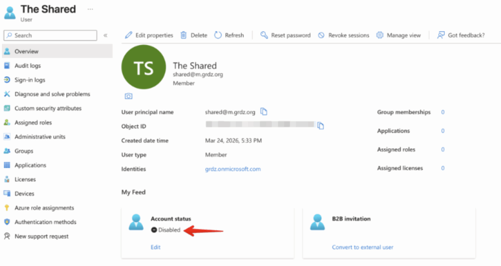 Screenshot of a user profile in Microsoft Azure Active Directory showing account details for The Shared. An arrow highlights Account status: Disabled, underscoring mailbox risks linked to shared mailboxes with inactive accounts.