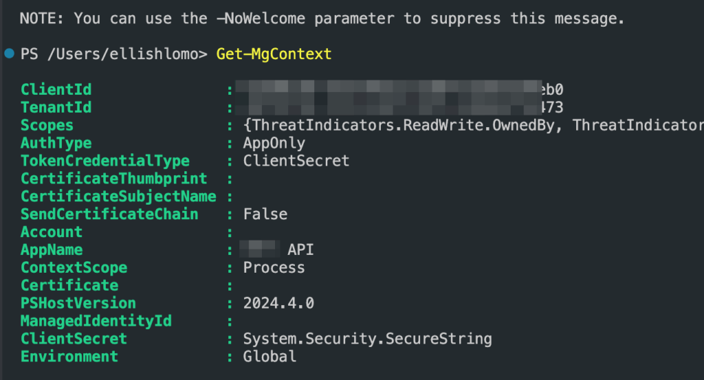 A terminal window displaying the output of a PowerShell command Get-MgContext, showing details such as ClientId, Scopes, AuthType, Account, AppName, Certificate, Version, and Environment, with some values blurred for privacy.