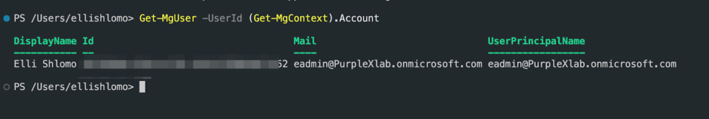 A PowerShell terminal displays user account details with columns for DisplayName, Id, Mail, and UserPrincipalName. The user’s name is Eli S., and their email is partially blurred for privacy.