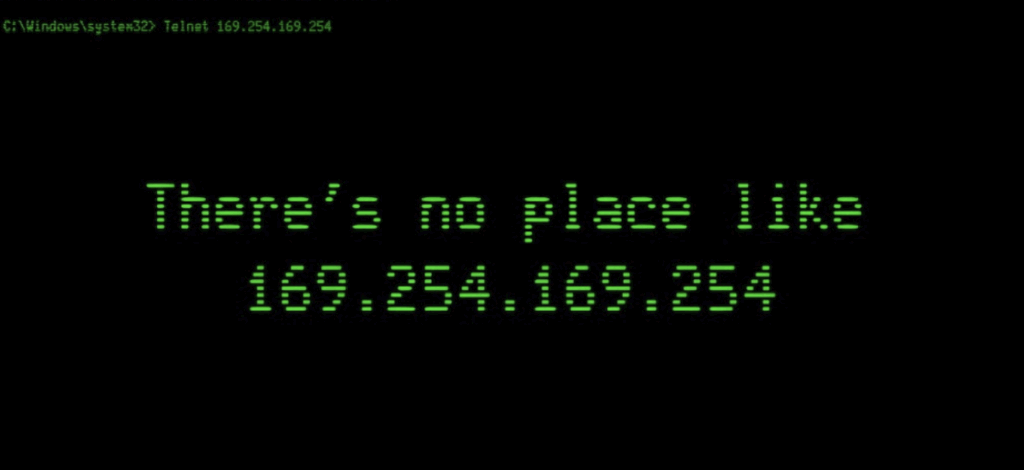 Green text on a black screen reads, “There’s no place like 169.254.169.254.” Above, a line shows a Windows system telnet command—referencing IMDS for Azure Managed Identity tokens. The font resembles old-style terminal or command prompt text.