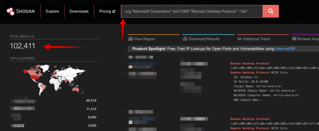 Screenshot of a Shodan search for Microsoft Corporation with port 3389, displaying 102,411 total results, a map of top countries, and a list of exposed remote desktop protocol devices vulnerable to Token Exploitation.