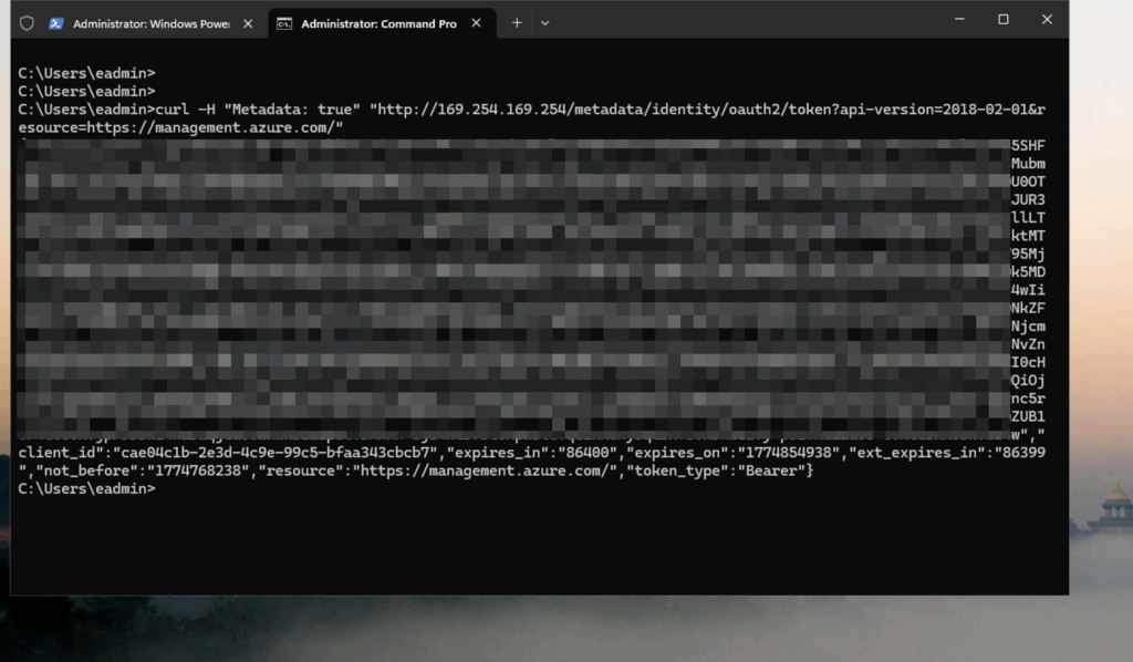 A Windows Command Prompt window displays an executed curl command interacting with Azure Managed Identity (IMDS) to retrieve an OAuth token, returning user data and a token string, with sensitive information pixelated for privacy.