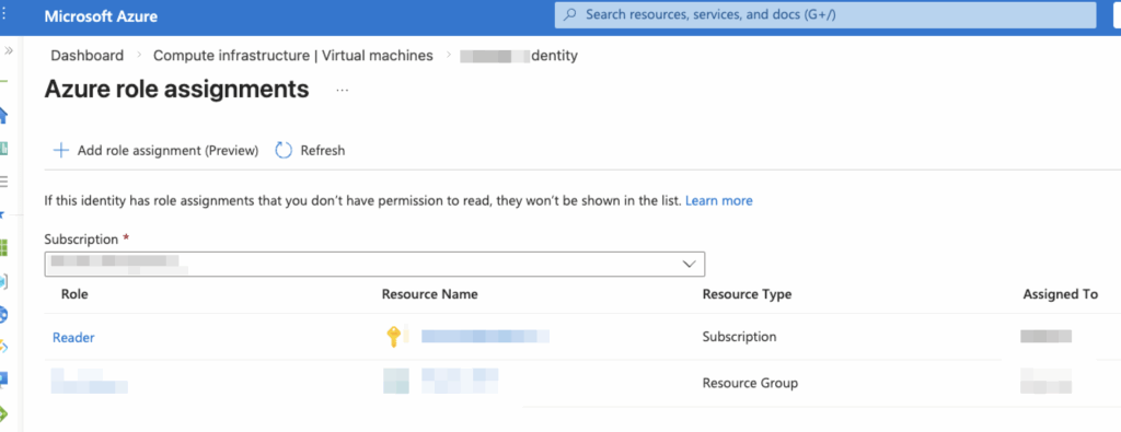 Screenshot of the Azure portal displaying the Azure role assignments page, with a Reader role assigned to a user for a specific subscription. Some details are blurred for privacy. IMDS integration is not visible in this view.