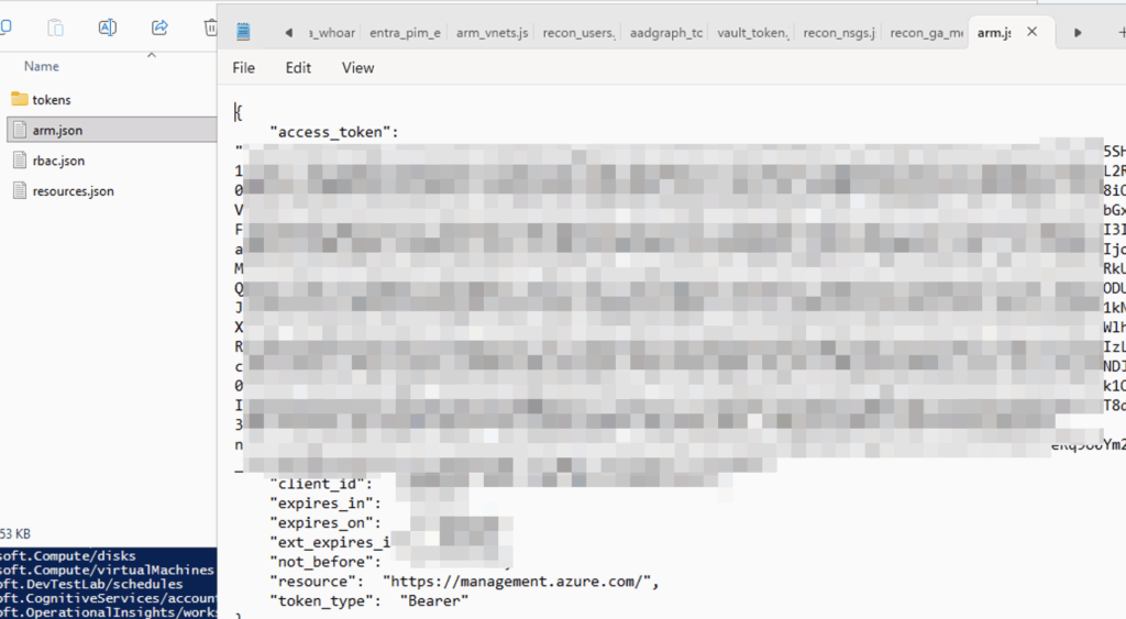 A computer screen shows a file directory on the left with files such as arm.json and drac.json. On the right is a partially blurred JSON file displaying Azure Managed Identity access token details and related authentication data.