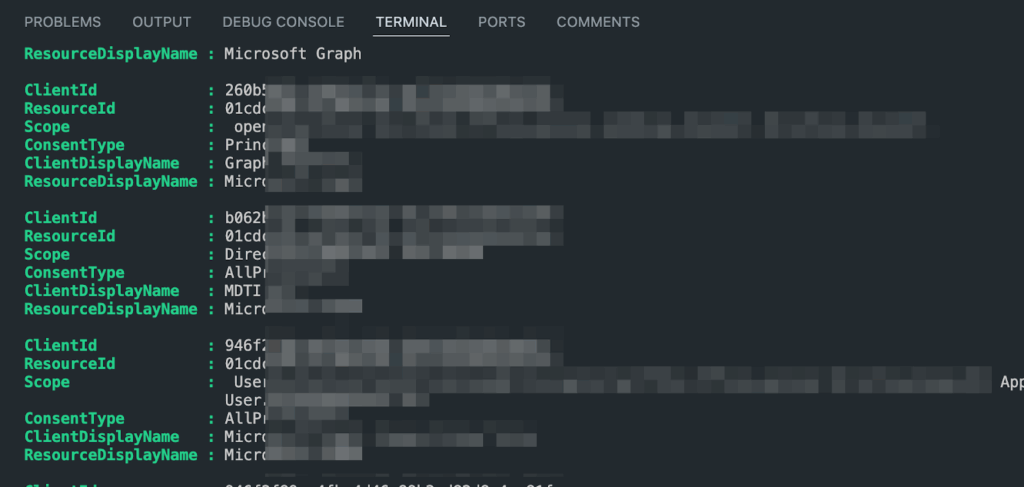 A computer screen displays a terminal window showing configuration details for Microsoft Graph, including fields like ClientId, ResourceId, Scope, ConsentType, and ResourceDisplayName. Sensitive data is blurred for privacy.