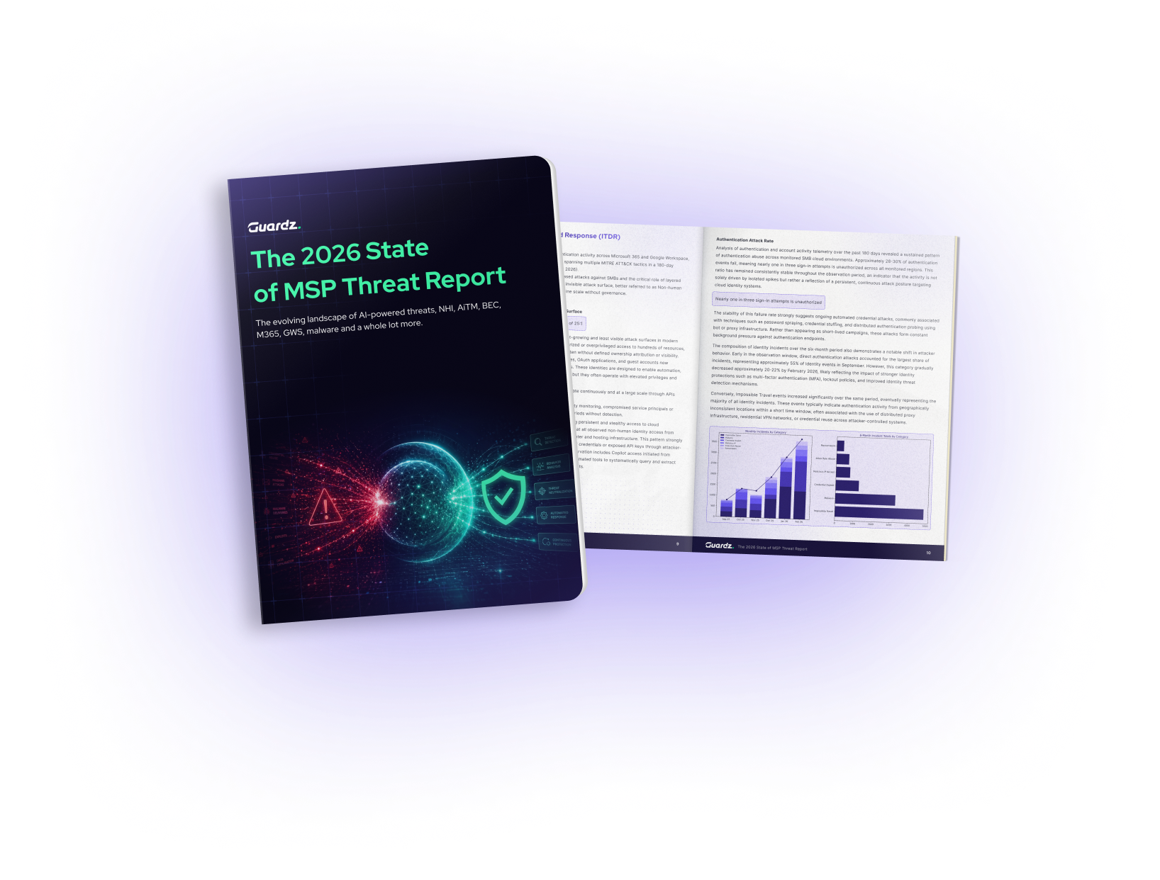 A closed and open booklet titled The 2026 State of MSP Threat Report features a futuristic digital cover, with open pages displaying text, charts, and a bar graph from the latest State of MSP findings.