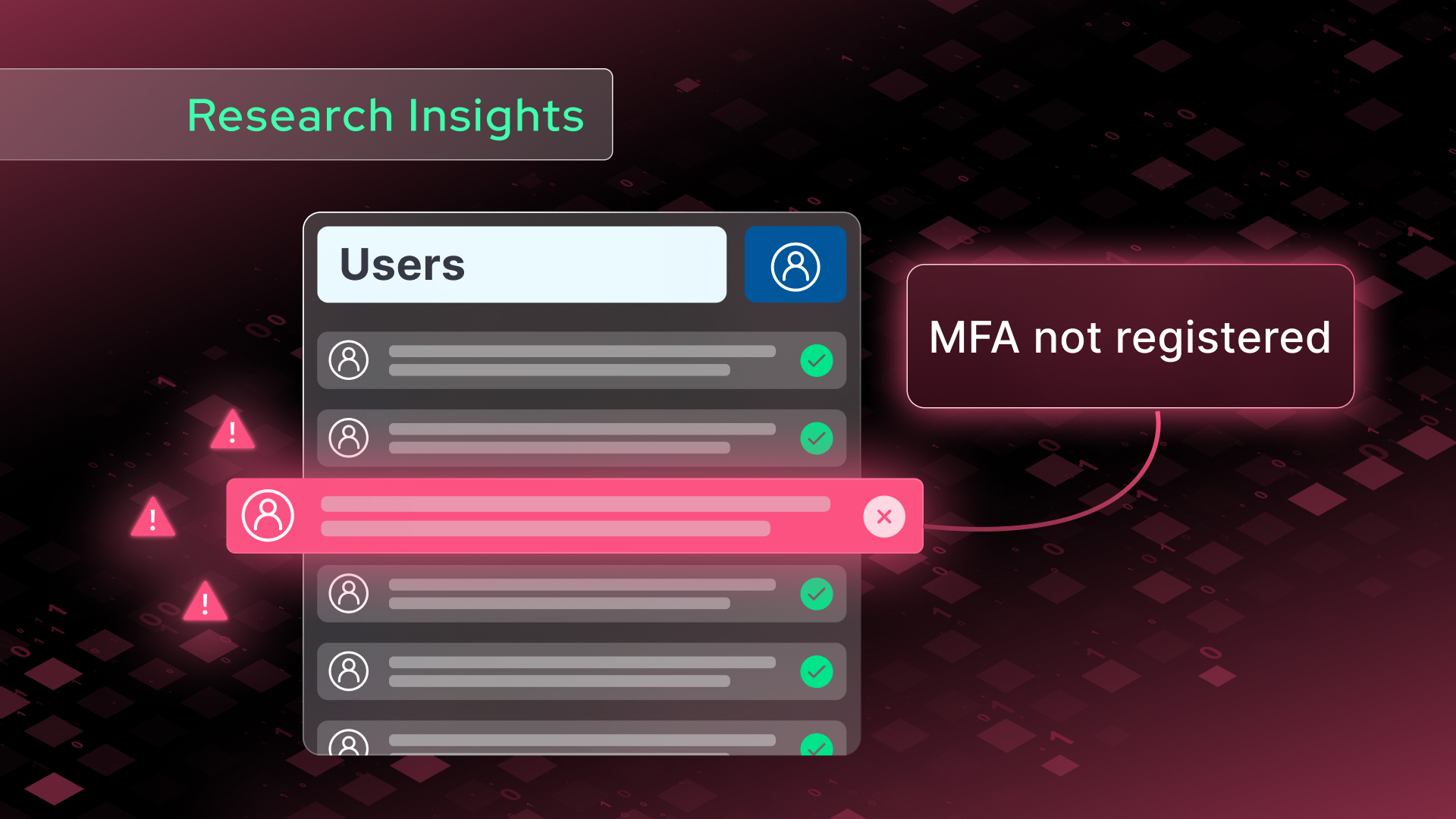 A digital dashboard shows a list of users, with one dormant hybrid account highlighted in red and marked with an error icon. A callout reads “MFA not registered.” The background is dark with geometric patterns.