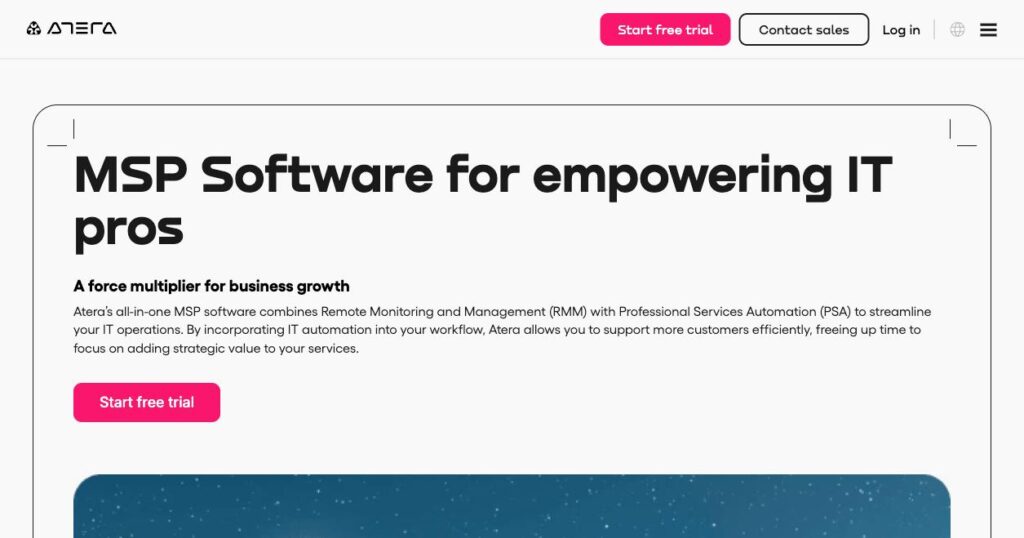 Atera homepage promoting MSP software for IT pros, highlighting RMM, PSA, automation, and a free trial CTA.