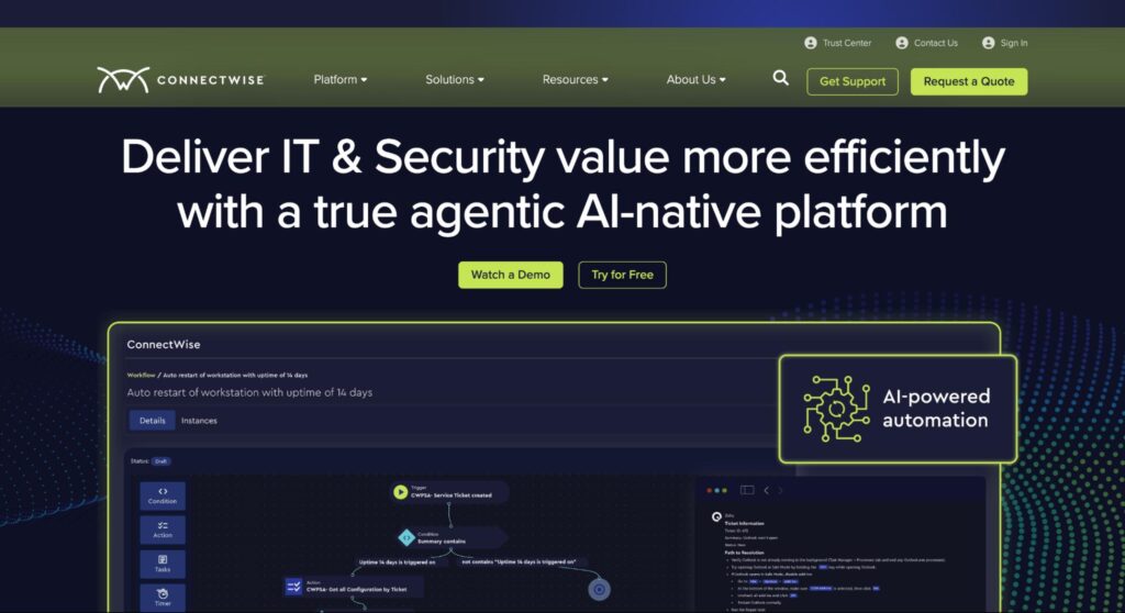 ConnectWise homepage promoting AI-native IT and security platform with automation, demo and free trial CTAs.