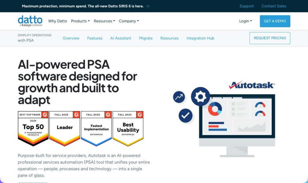 Datto Autotask PSA page highlighting AI-powered PSA software, awards, and dashboard interface for IT service providers.