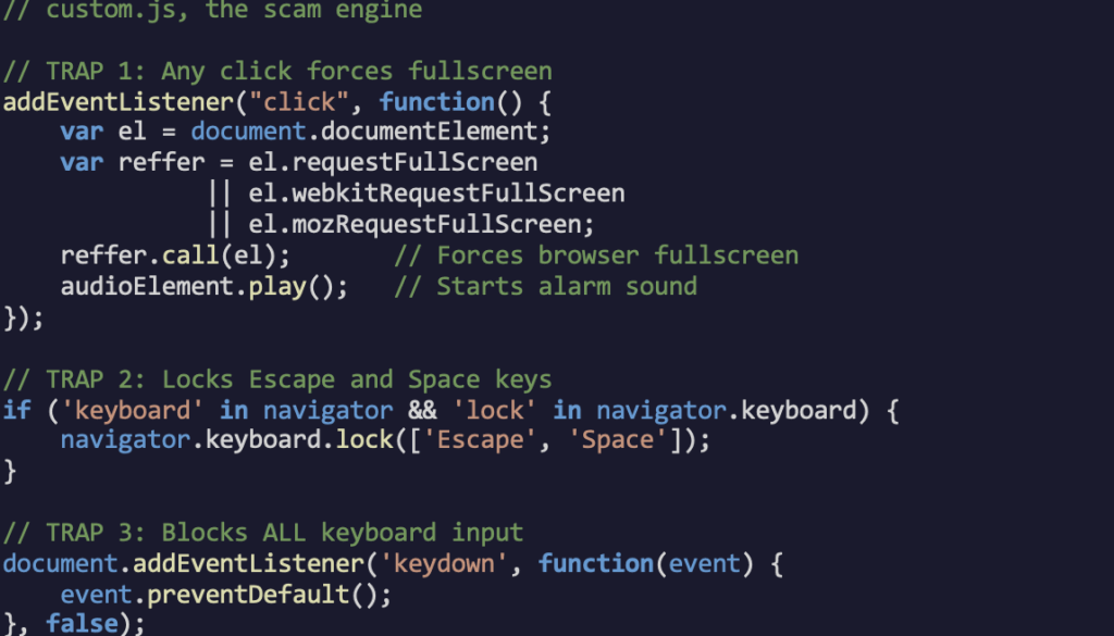 A screenshot of a code editor displaying JavaScript code that manipulates browser fullscreen mode, demonstrates device control, locks keyboard keys to prevent keyboard smash, and includes comments explaining each section.