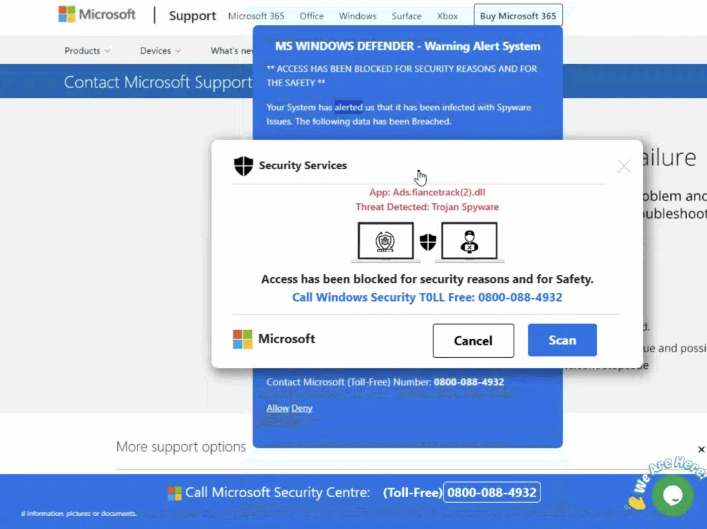 A computer screen displays fake security alert pop-ups, mimicking Microsoft branding, and claiming device control is blocked due to spyware. The user is urged to call a toll-free number for Microsoft support.