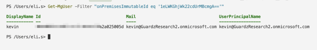 A PowerShell window displays the results of a Get-MsolUser command, showing columns for DisplayName, Id, Mail, and UserPrincipalName with Kevin’s Dormant Hybrid account information, some of which is partially blurred for privacy.