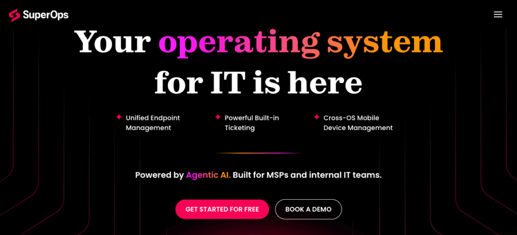 SuperOps homepage banner promoting IT operating system with endpoint management, ticketing, mobile device management, and AI-powered automation.