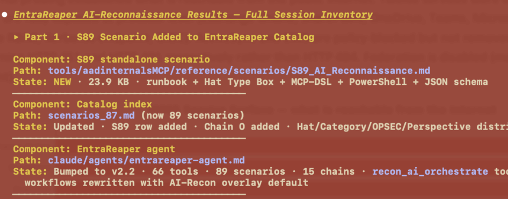 Screenshot of a terminal-style interface listing EntraReaper Autonomous Red Teaming results, including scenario components, catalog indexes, and agent details with file paths and descriptions highlighted in yellow.