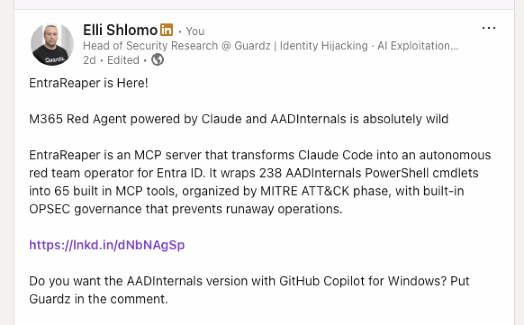 Excited to announce EntraReaper: an MCP server for Autonomous Red Teaming with Claude and AADInternals, streamlining operations on Microsoft Entra ID. Try it out, check the link, and comment if you want a Windows version!.