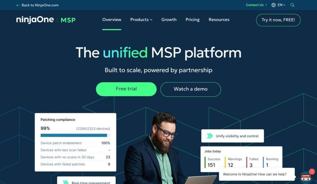 NinjaOne MSP homepage promoting unified platform with patching dashboard, visibility tools, and free trial and demo CTAs.