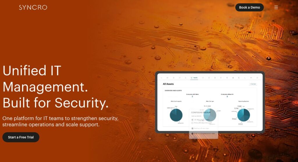 Syncro homepage promoting unified IT management platform for security, operations, and support with dashboard and free trial CTA.