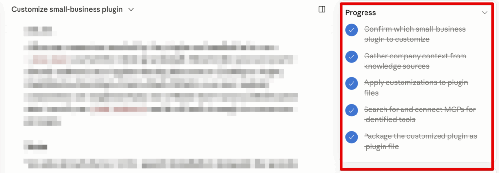 A checklist titled Progress shows five completed tasks with blue check marks, covering core features like confirming a plugin, gathering company context, applying customizations, searching for tools, and packaging the plugin.