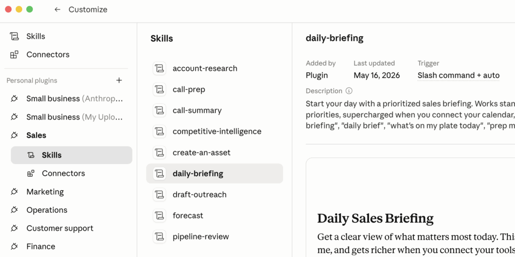 A software interface shows a sidebar with plugin options, including “Skills” and “Connectors.” The “daily-briefing” skill is selected, highlighting Core Features and providing details about the Daily Sales Briefing for Claude for SMB users.