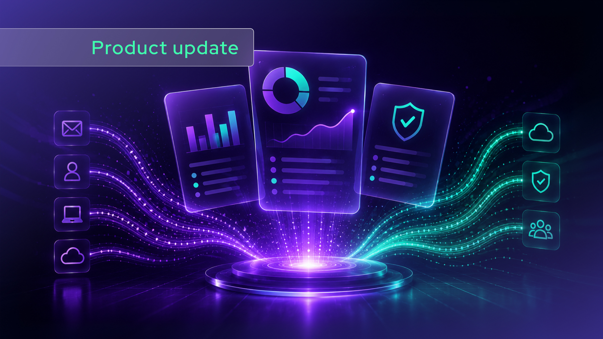 Futuristic digital dashboard with glowing charts, graphs, and icons representing data, security, and communication. Product update is displayed in a banner at the top left. Neon purple and green colors dominate this Agentic Reporting tool for MSPs.