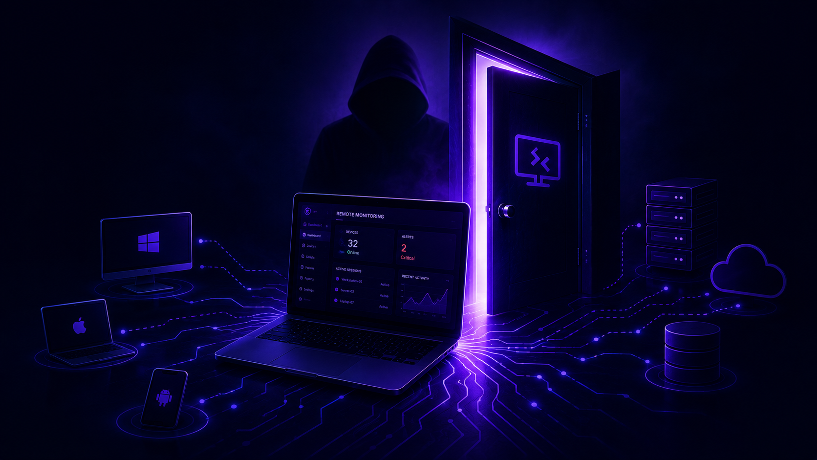 A hooded figure stands in a dark room behind a glowing doorway with a computer screen, while a laptop and various device icons are connected by neon circuitry, symbolizing cybersecurity threats like backdoor access and hacking.